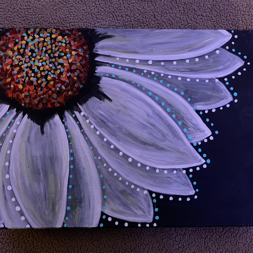 Flower painting on wood. 10” x 7 1/4”. 1 1/2” deep. Very pretty and colorful.